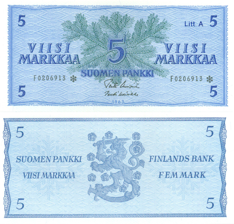 5 Markkaa 1963 Litt.A F0206913* kl.9